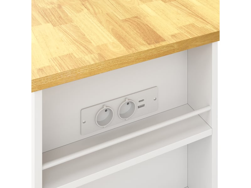  Îlot de cuisine mobile blanc et bois naturel en mdf, plateau rabattable, prise intégrée, roulettes, 130 × 50 (80) × 87 cm  - Conforama D