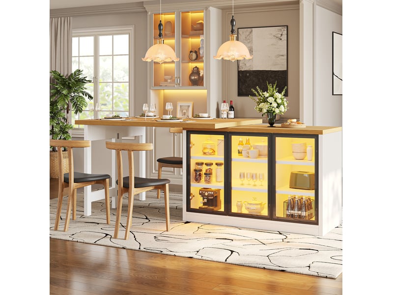  Buffet de cuisine modenvie pivotant et extensible 120-197 cm avec système d'éclairage multicolore, mdf et verre, blanc  - Conforama D