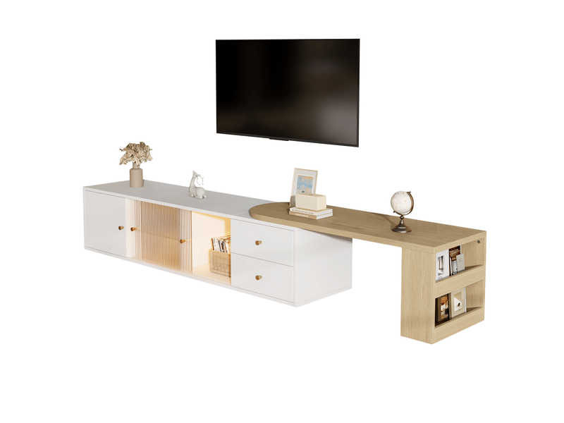  Meuble tv bas 175cm blanc et bois avec led et rangement – design moderne extensible  - Conforama A