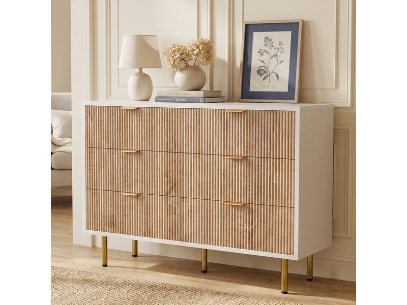 Commode 6 tiroirs, commode 100 cm, commode chambre, design strié bois et blanc, pieds dorés, meuble de rangement, chêne clair - Conforama B