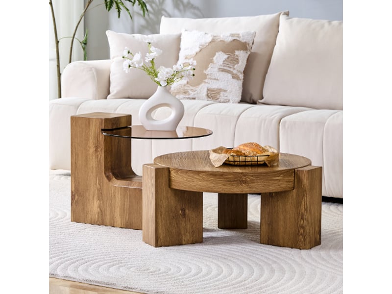  Ensemble de tables basses séparables – mdf effet bois + verre brun 0,6 cm – 1 table basse + 2 tables modulables  - Conforama B