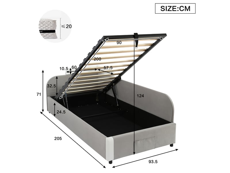  Lit coffre enfant 90x200 cm, espace de rangement et sommier, panneau latéral droit, velours, gris, blanc, sans matelas  - Conforama C