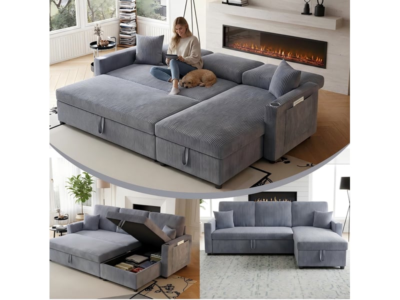  Canapé d'angle convertible 3 places en velours côtelé gris avec rangement, ports usb, type-c et porte-gobelets  - Conforama D