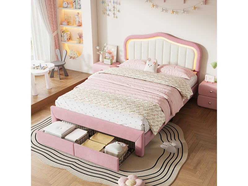  Lit 140x200cm - lit double 140x200 - lit double avec 1 tiroir, tête de lit avec éclairage led intelligent et dossier blanc - rose  - Conforama C