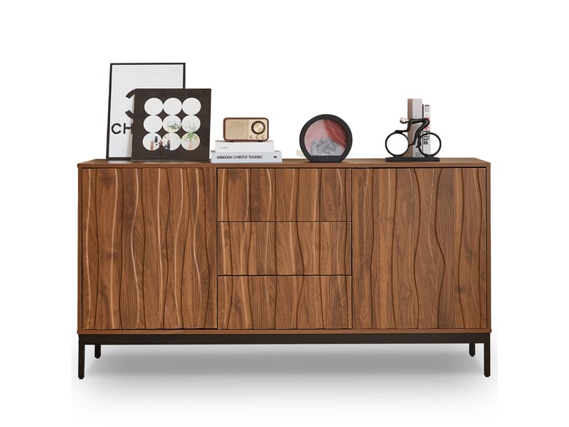  Buffet enfilade 150x40x80cm grand rangement | design lattes en bois et métal | 2 portes 3 tiroirs push-to-open - marron foncé  - Conforama A