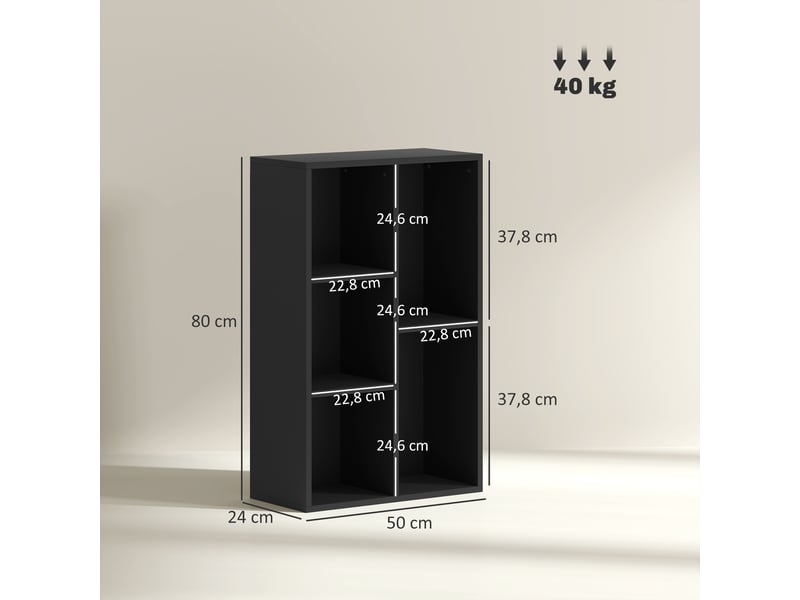  Bibliothèque étagère de rangement avec 5 compartiments, pour salon chambre à coucher bureau, 50x24x80cm, noir  - Conforama E