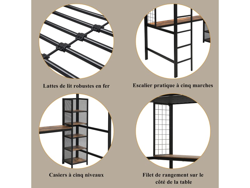  Lit mezzanine 200×90 cm avec bureau, rangements à 5 niveaux et grille métallique, sans matelas, noir et noyer foncé  - Conforama E