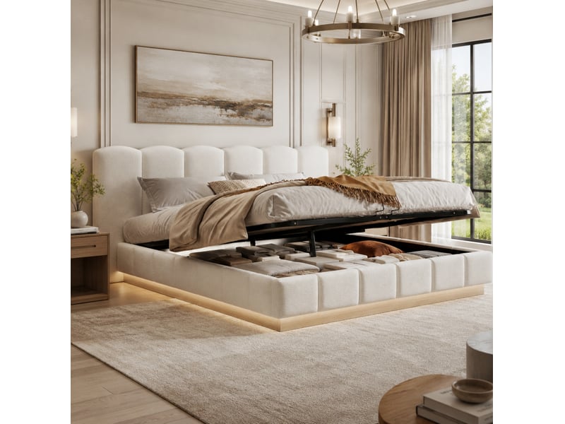  Lit coffre 180 x 200 cm avec sommier à lattes, led et tête de lit en bouclé blanc  - Conforama D