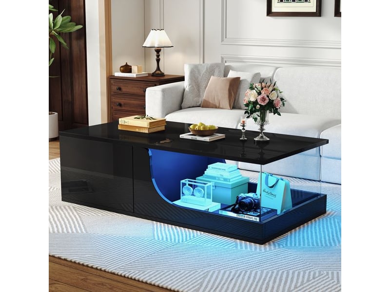  Table basse design noire - 2 tiroirs - haute brillance - verre trempé - led contrôlables - mdf 100x50x30cm - Conforama D