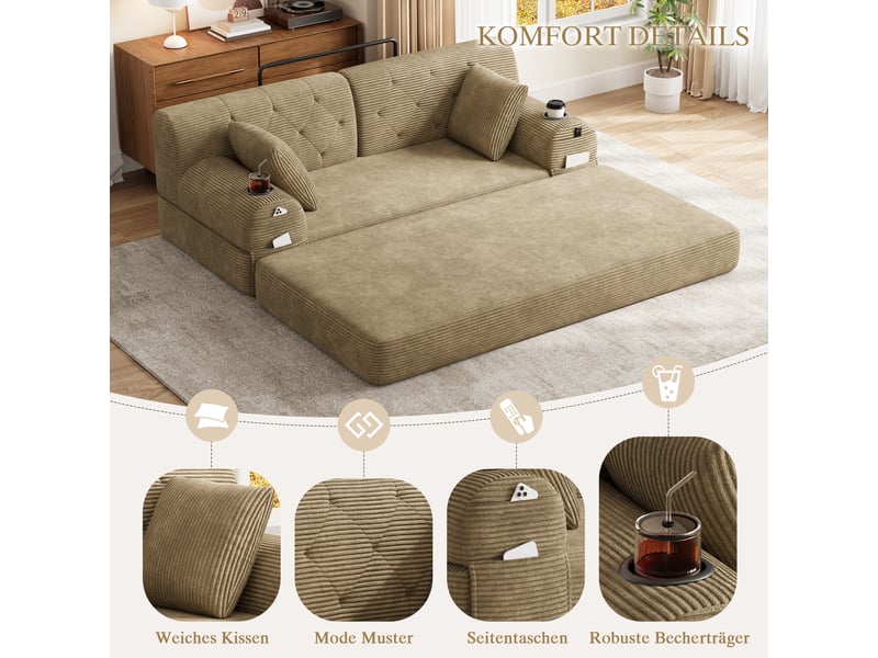 Canapé droit convertible 2 places 168 x 80 x 81 cm avec dossier haut, 2 porte-gobelets et 4 poches latérales, velours côtelé, kaki Morn Vibe - Conforama D