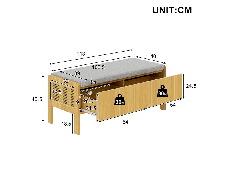  Meuble d'entrée avec espace de rangement, assise rembourrée et côtés en rotin pour couloir, gris naturel, 113 × 40 × 45,5 cm  - Conforama D