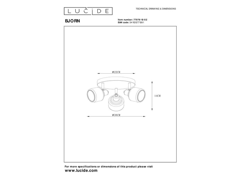 Spot plafond 3xe14 or mat laiton - lucide - bjorn  - Conforama D