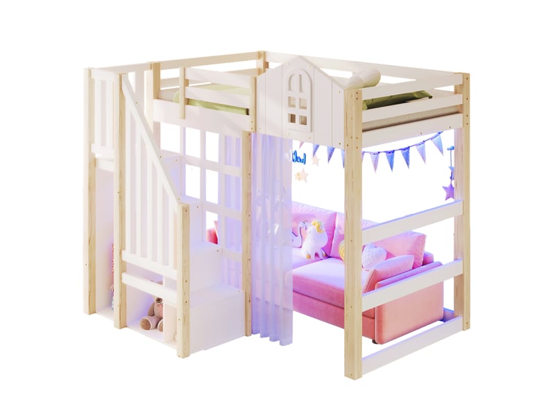  Lit mezzanine 90x200 cm led et échelle de rangement en pin et mdf blanc et coloris naturel  - Conforama A