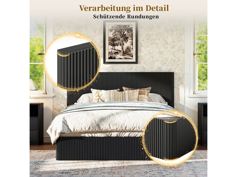 Lit double 160 x 200 cm avec sommier à lattes, lit double à vérins avec espace de rangement, lit 2 personnes — noir - Conforama R