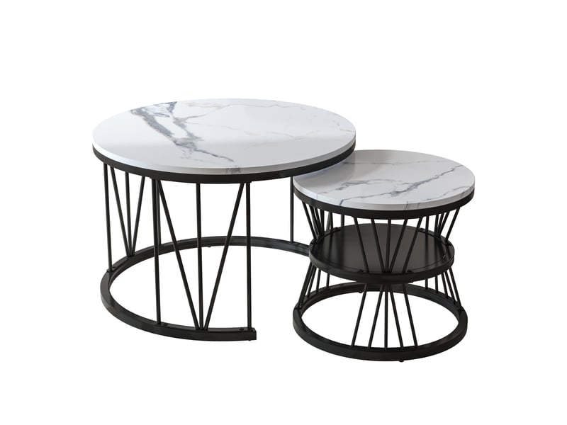  Lot de 2 tables basses rondes gigognes de salon 7045cm blanc et noir - design moderne avec support en v et étagère de rangement  - Conforama A