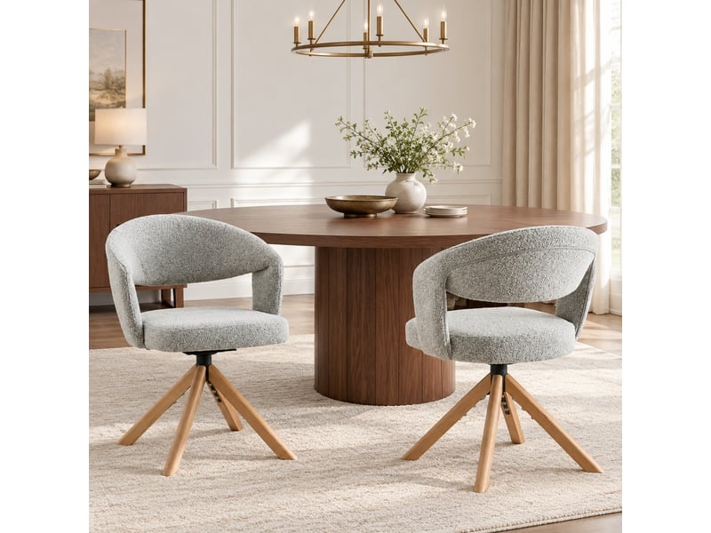 Chaises de salle à manger lot de 2 pivotantes à 360° - dossier incurvé, tissu et bois massif gris clair - Conforama B