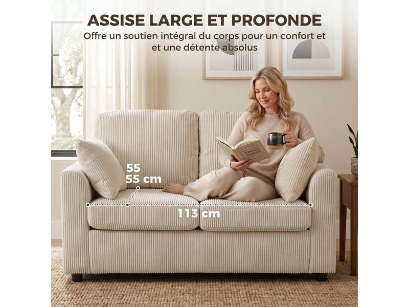  Canapé 2 places en velours côtelé, canapé de salon 144 cm avec assise large rembourrée, beige, 2 oreillers  - Conforama R