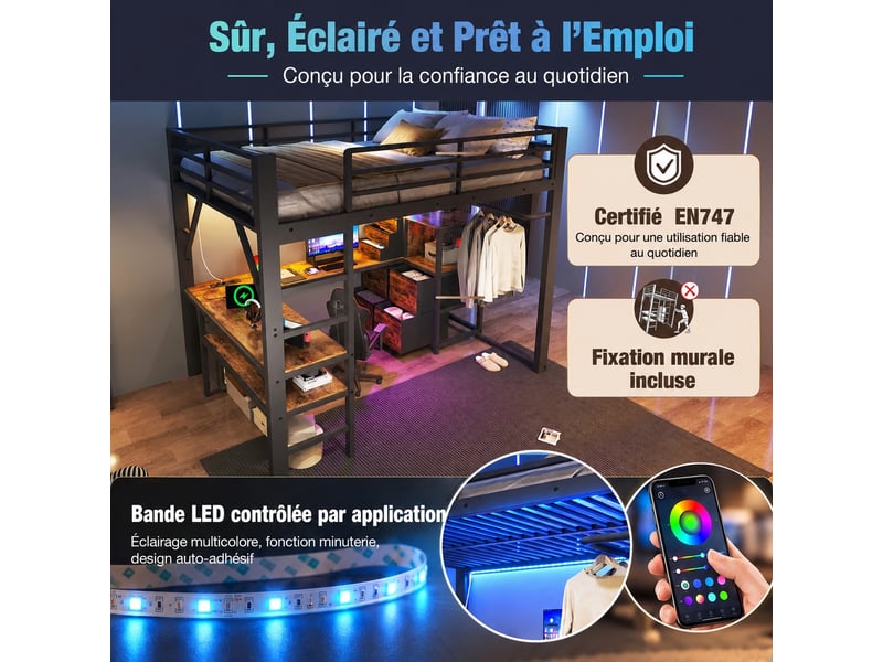 Lit mezzanine avec bureau d’angle, led, prises usb, 140x200 cm, brun-noir - Conforama E