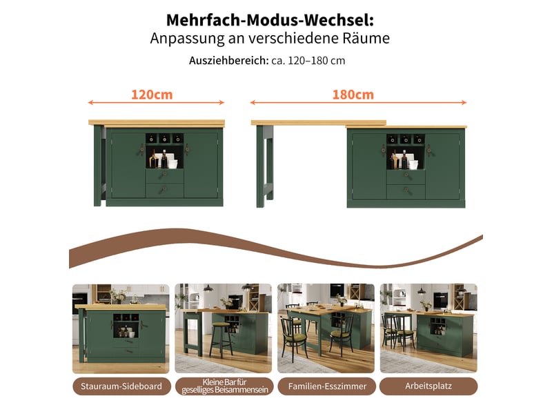  Table de bar extensible vert foncé 120–180cm, rotation 360°, rangement, longueur réglable, pour salon, salle à manger et bureau  - Conforama E