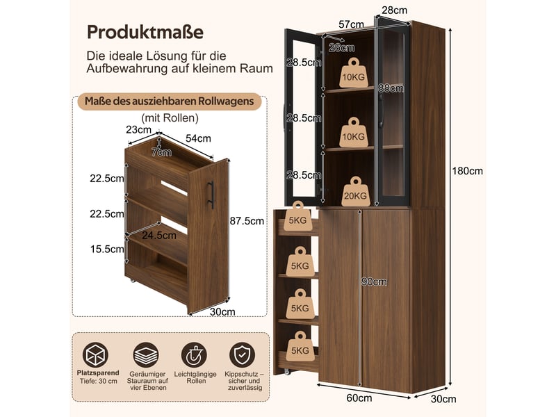  Colonne de cuisine 2 portes en verre et chariot coulissant 60x30x180 cm N635P48850809N - Conforama C