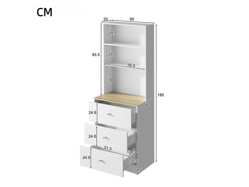  Commode 3 tiroirs, armoire haute avec éclairage rgb, meuble polyvalent en vitrine ou rangement, 60 x 40 x 180 cm, coloris naturel et blanc  - Conforama C