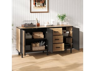 Buffet 3 portes 3 tiroirs en mdf, 140 x 35 x 70 cm, 6 pieds métal, noir et effet bois