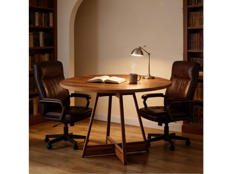 Table de salle à manger ronde 100 cm pour 4 personnes en mdf marron avec piétement central pour cuisine et salon - Conforama E