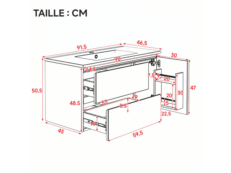  Meuble vasque suspendu blanc 91,5 cm avec 2 tiroirs, vasque en céramique et éclairage led  - Conforama C