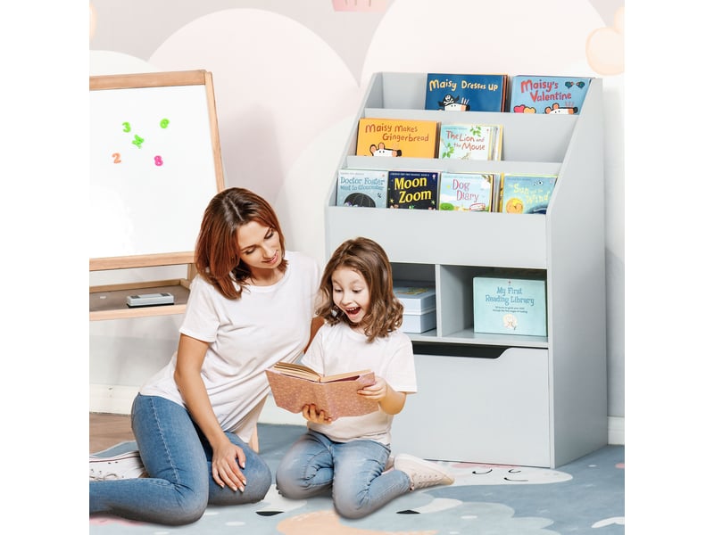 Bibliothèque enfant en bois avec 3 compartiments, 2 cubes et tiroir mobile à 4 roulettes, 60 x 29,9 x 90 cm, grise - Conforama B