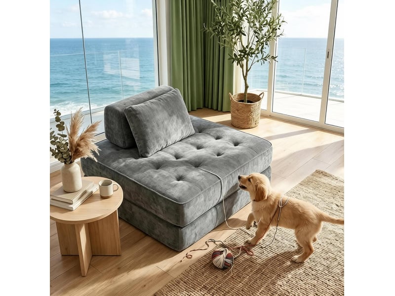  Fauteuil convertible 1 place gris en tissu, 2 en 1, dossier et coussin inclus, assise moelleuse pour petit espace  - Conforama E