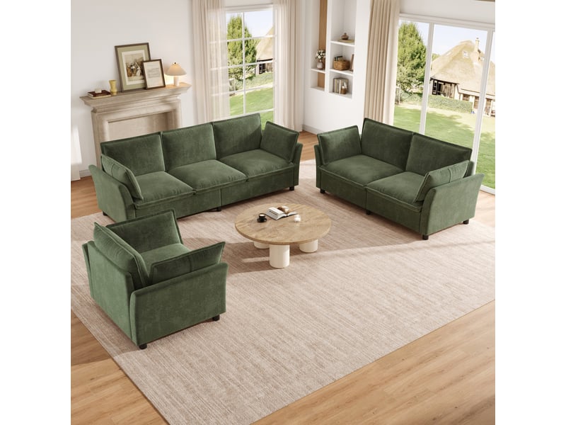  Ensemble canapé modulable 6 places en tissu chenille vert, 6-7 personnes, 220×87×81 cm  - Conforama B