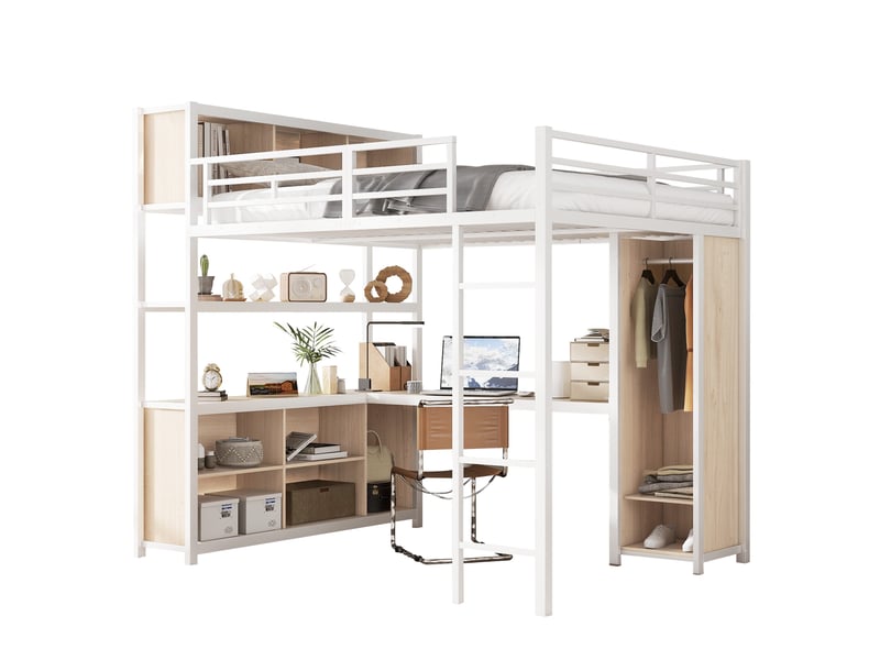 Lit mezzanine 2 personnes 140x200 cm, lit surélevé avec bureau et armoire intégrée, lit combiné adulte et ado en métal et bois, blanc et naturel - Conforama A