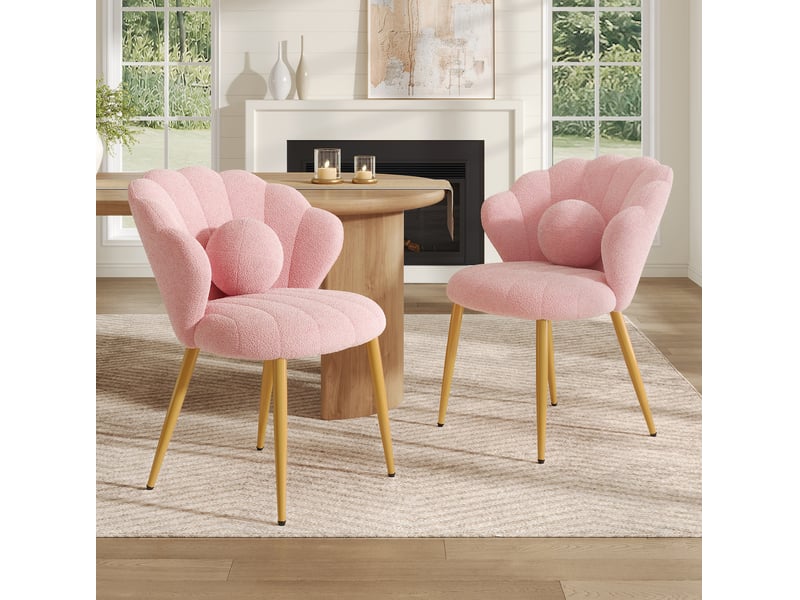 Lot de 2 chaises de salle à manger coquille en tissu teddy rose, pieds dorés - Conforama B