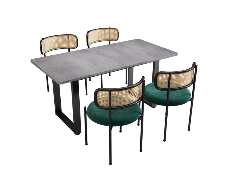  Chaise de salle à manger avec dossier en rotin et pieds métalliques, table rectangulaire style industriel, en velours et panneau de particules, noir et gris  - Conforama C