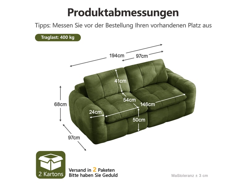 Canapé modulable 2 places sans montage en chenille vert, assise profonde - Conforama C