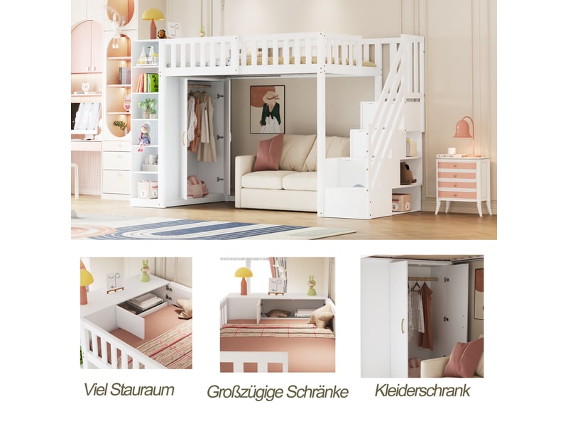 Lit mezzanine enfant 90x200 cm - escalier avec tiroirs - grand dressing intégré - étagères et rangements - pin et mdf - blanc - Conforama D