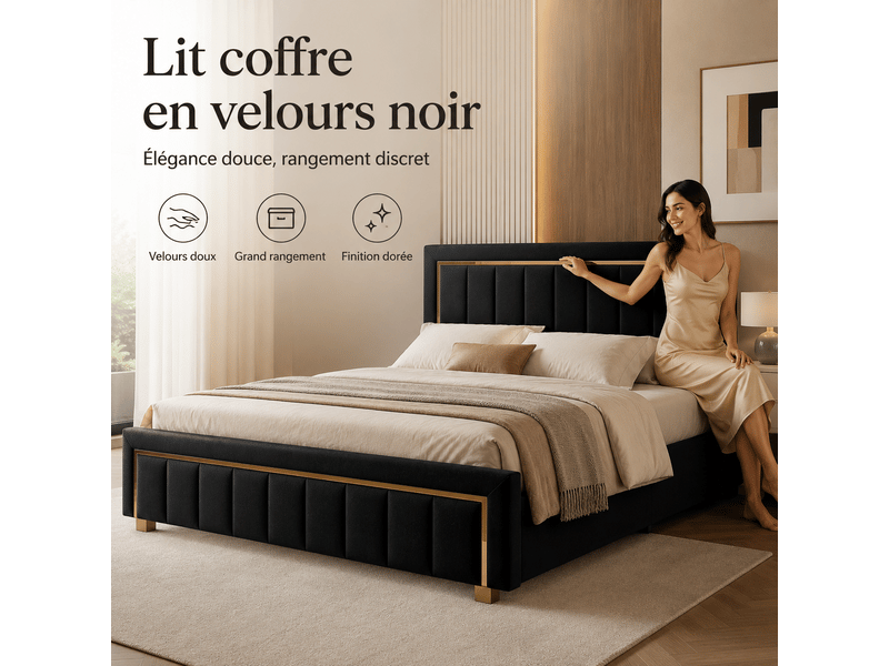  Lit coffre double 160x200 cm - lit rembourré adulte avec sommier à lattes et espace de rangement hydraulique - lit capitonné - cadre de lit 2 personnes - sommier à lattes et tete de lit rembourré - velours beige - sans matelas -…  - Conforama R