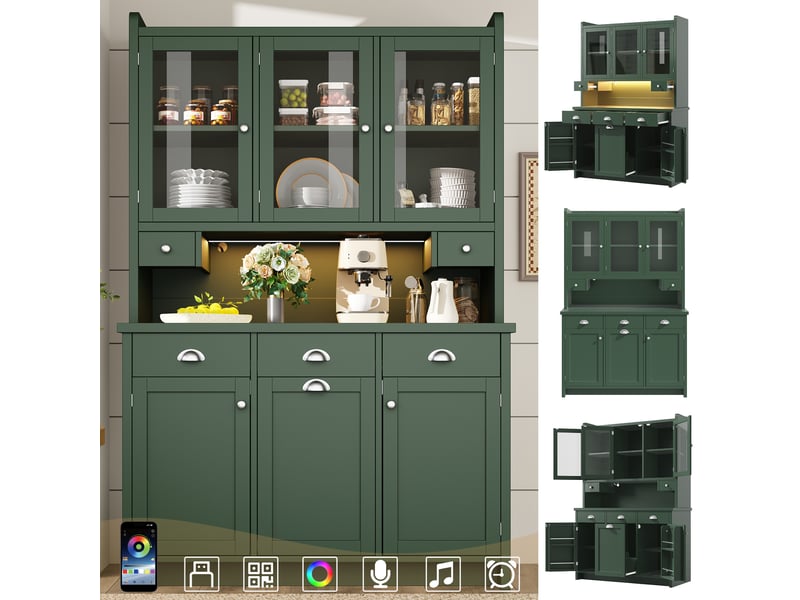 Meuble de cuisine 120 x 40 x 180 cm avec éclairage led, 3 portes vitrées, grand espace de rangement, vert evarich - Conforama E