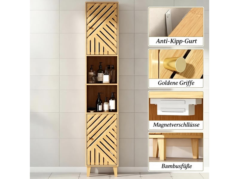  Colonne de rangement 32x30x170 cm bambou effet bois naturel avec portes  - Conforama E