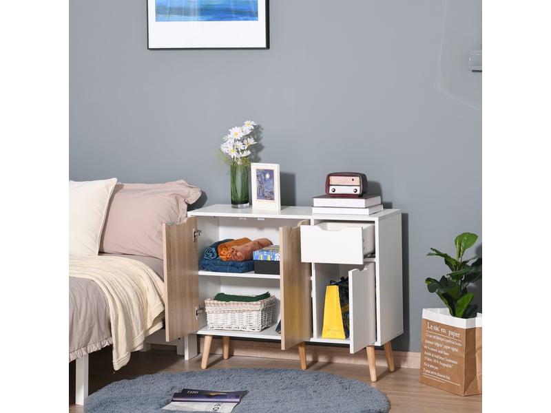  Buffet moderne pour le salon, avec 3 portes et un tiroir, table d'appoint pour le salon, 90 x 30 x 72 cm, blanc et naturel  - Conforama D
