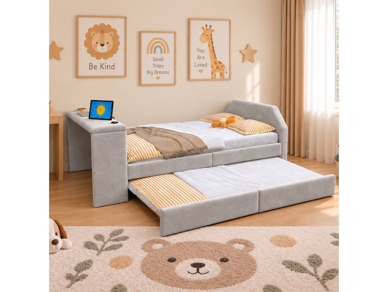  Lit gigogne enfant 90 x 200 cm avec bureau et prise usb gris evryae  - Conforama B