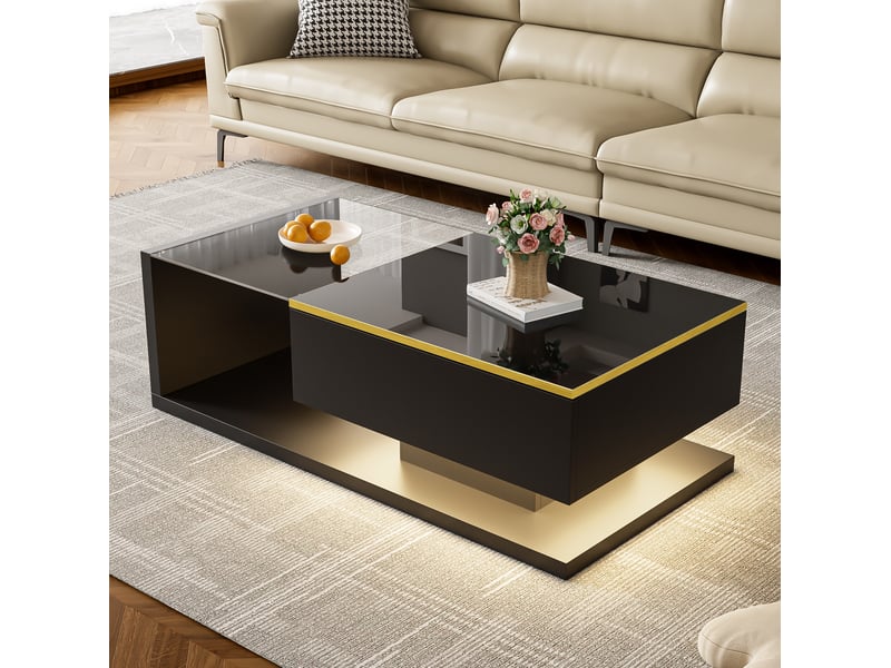  Table basse 100 x 50 cm noire brillante avec verre trempé et led 16 couleurs  - Conforama D