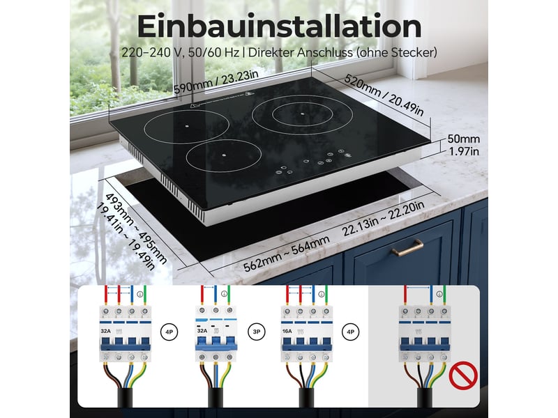  Plaque de cuisson vitrocéramique 3 foyers, table électrique encastrable 60 cm, 5400 w, commande tactile et minuterie  - Conforama C