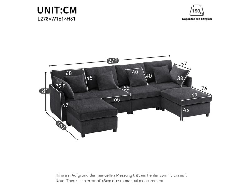 Canapé d'angle en forme de u et en l ,6 places,avec 2 tabourets et 6 coussins,278x161x81,gir - Conforama C