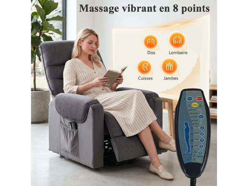  Fauteuil releveur électrique massant chauffant en velours gris foncé 79x97x103 cm  - Conforama E