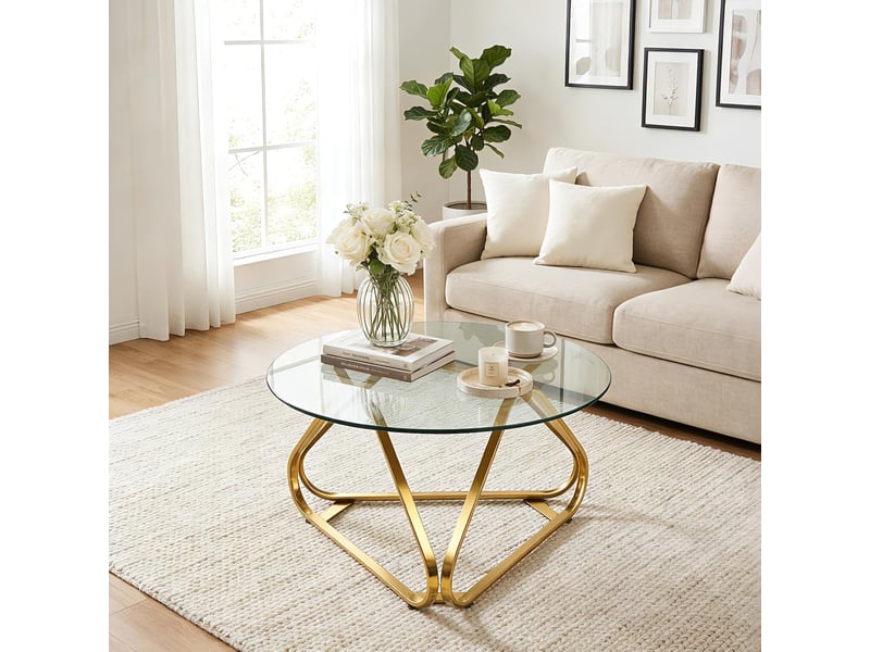  Table basse ronde en verre trempé, table de salon transparente avec structure métallique triangulaire, charge 45 kg, table d'appoint moderne (or)  - Conforama B