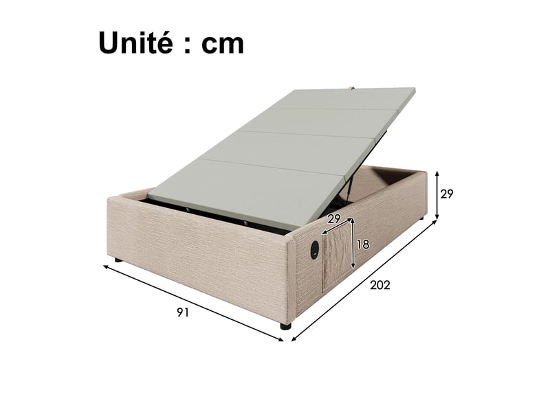 Lit coffre 90x200 cm - lit simple avec coffre de rangement et usb-c, structure métal et lin, beige, sans tête de lit - Conforama C
