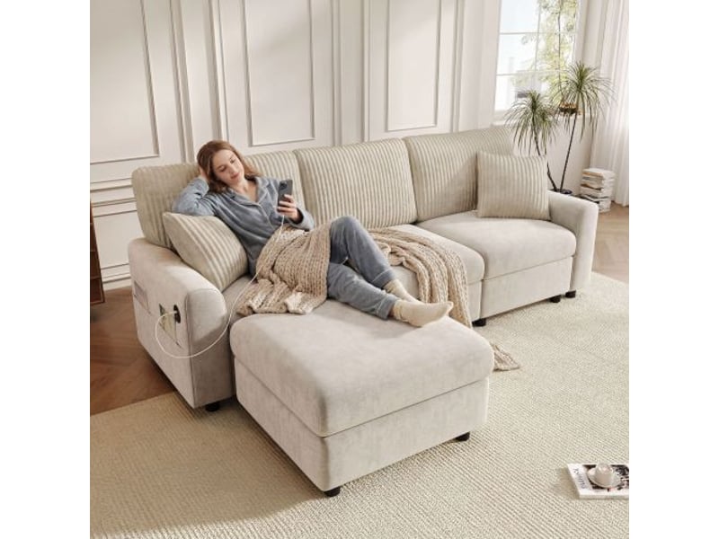  Canapé d'angle gauche fixe 4 places tissu beige avec coffre de rangement  - Conforama R