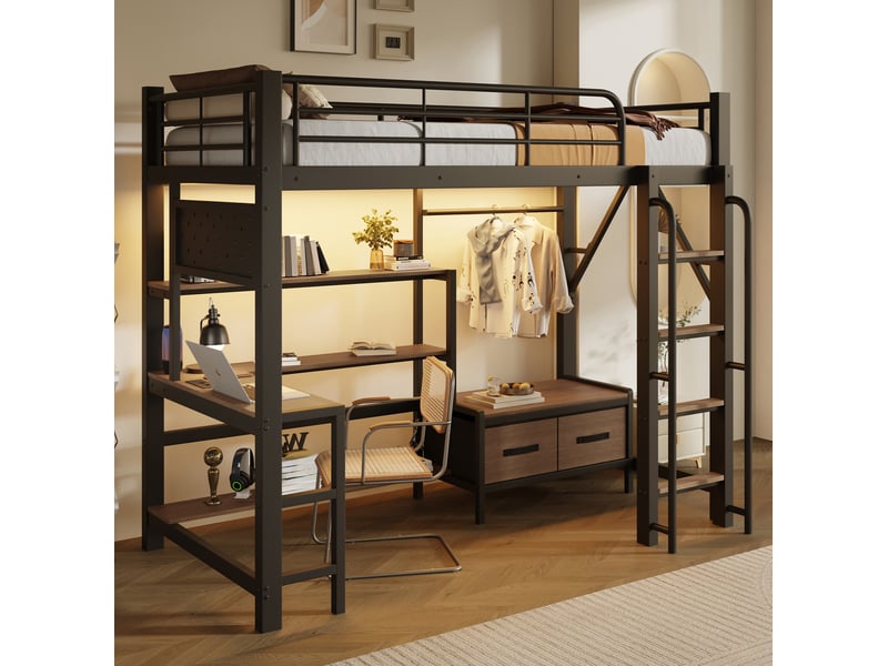 Lit mezzanine 90x200 cm avec bureau et rangements en métal et mdf noir  - Conforama B