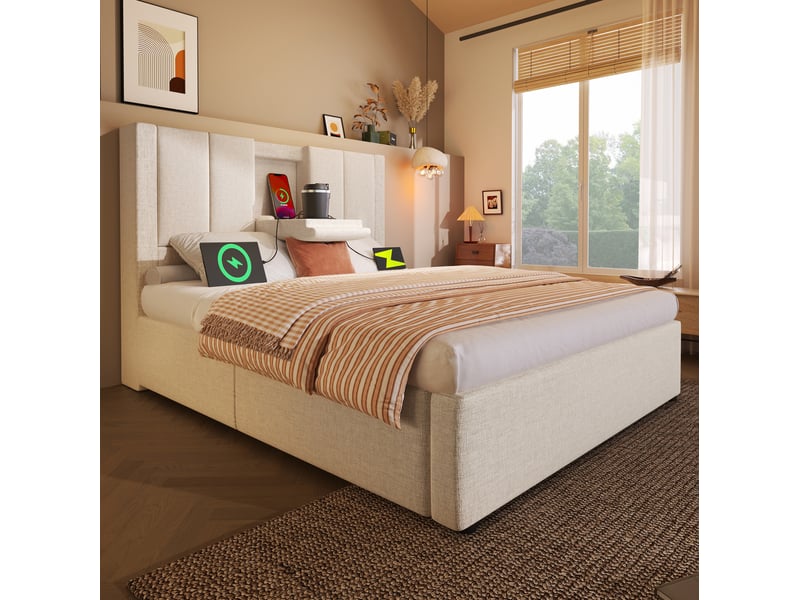  Modenvie lit coffre 90x200 cm - avec rangement, ports usb-c et porte-gobelet, matelas inclus - beige  - Conforama D